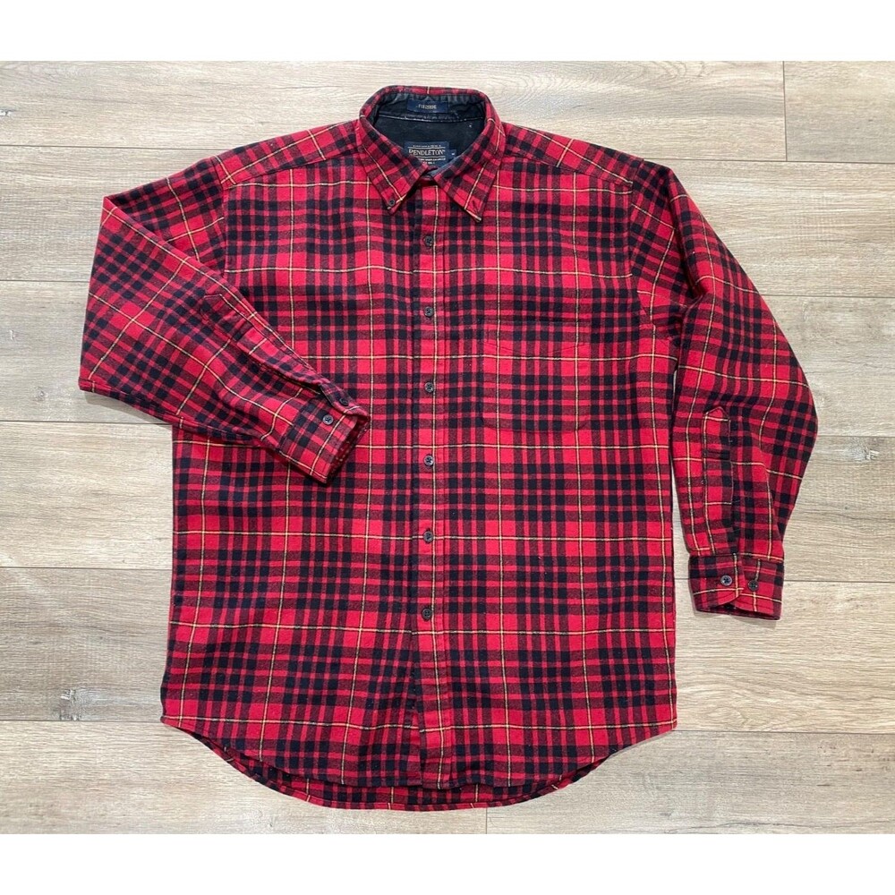Pendleton Fireside Shirt Mens M Red Tartan Plaid Wool Button Front Pocket Lodge